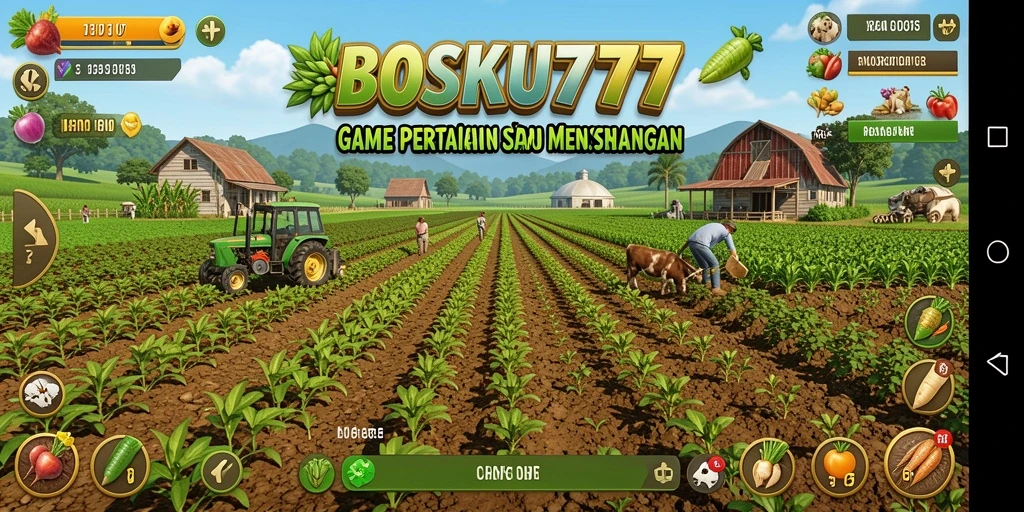 Screenshot gameplay BOSKU777 menampilkan ladang subur dengan berbagai tanaman.