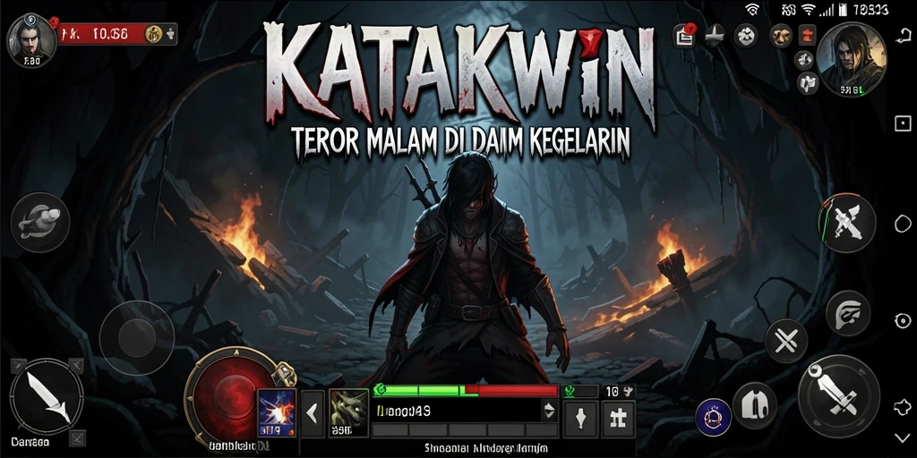 Tangkapan layar gameplay KATAKWIN yang menegangkan di dalam kegelapan.