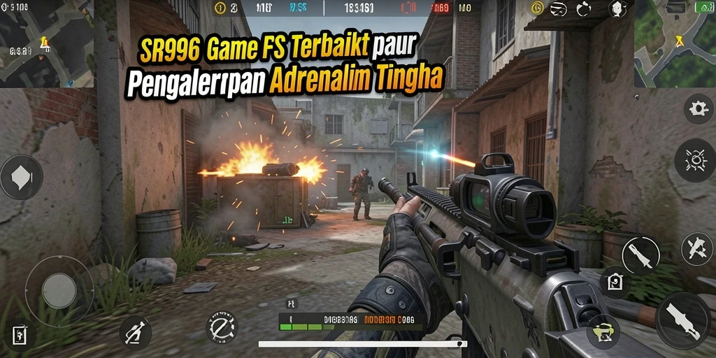 Tangkapan layar gameplay SR996 menampilkan aksi tembak-menembak intens.
